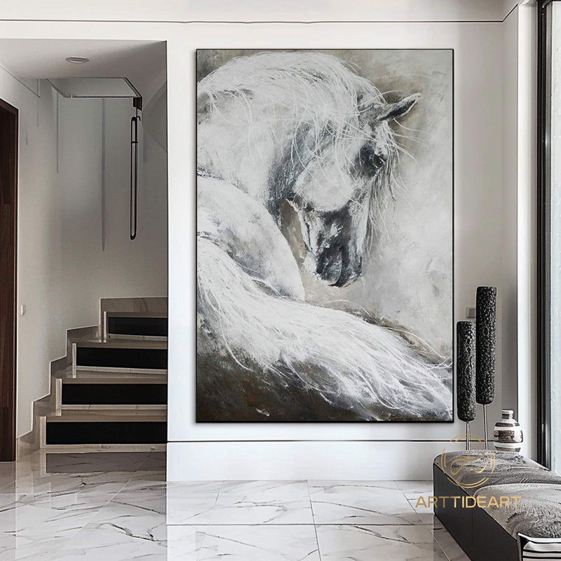 Horse painting,Horse art,Oversize Horse Painting,Original white horse large painting, Hand Made Wall Art ,Oil Painting,Acrylic painting