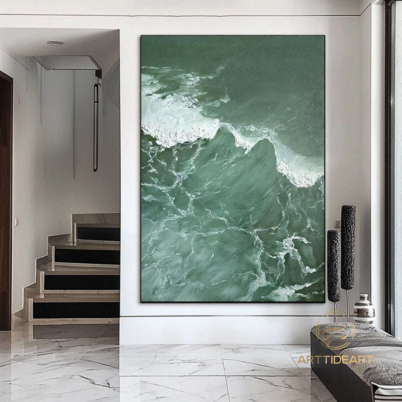 Large Textured Beach Acrylic Painting Framed Emerald Green Canvas Painting Abstract Ocean Wave Art Coastal Wall Art Beach Pastel Room Decor