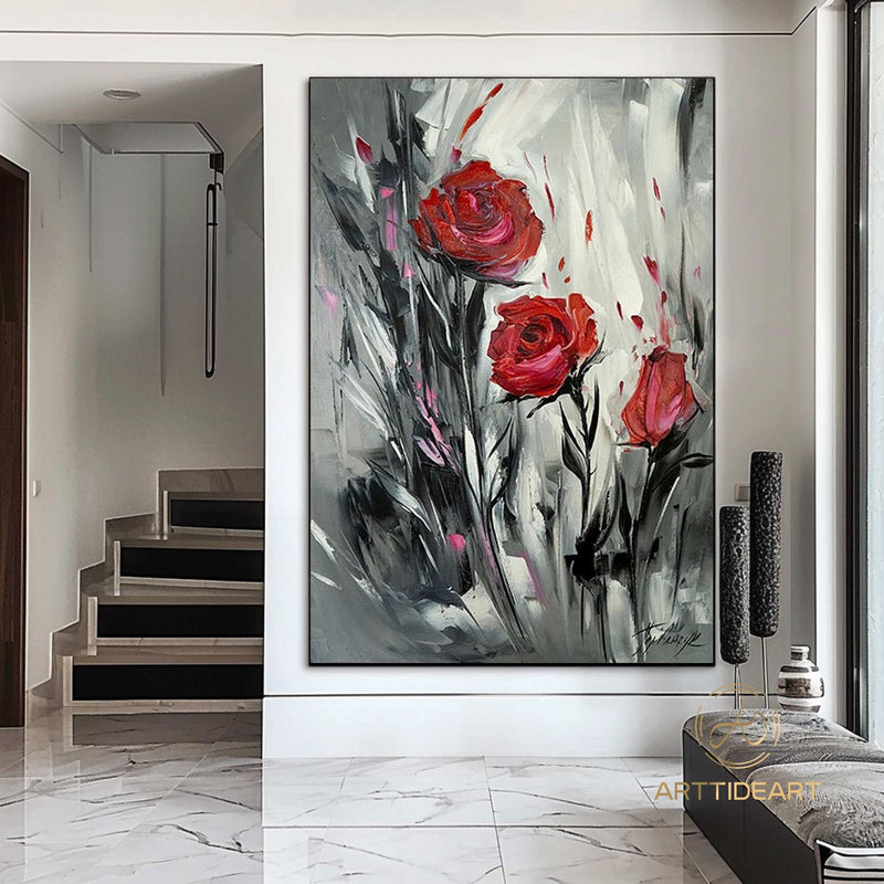 Original Roses Oil Painting On Canvas, Abstract Flowers Painting, Large Wall Art, Red Roses Decor, Custom Painting,Living room Wall Decor