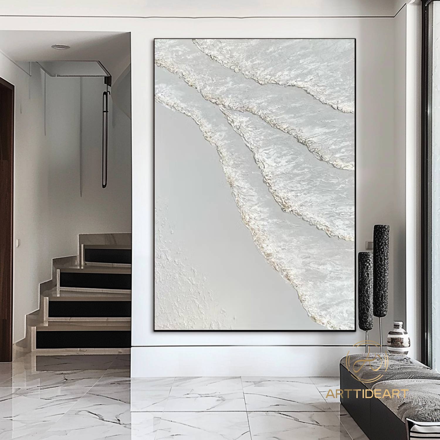White ocean wave textured painting,sea beach painting,white textured abstract painting,white ocean painting,ocean wave landscape painting