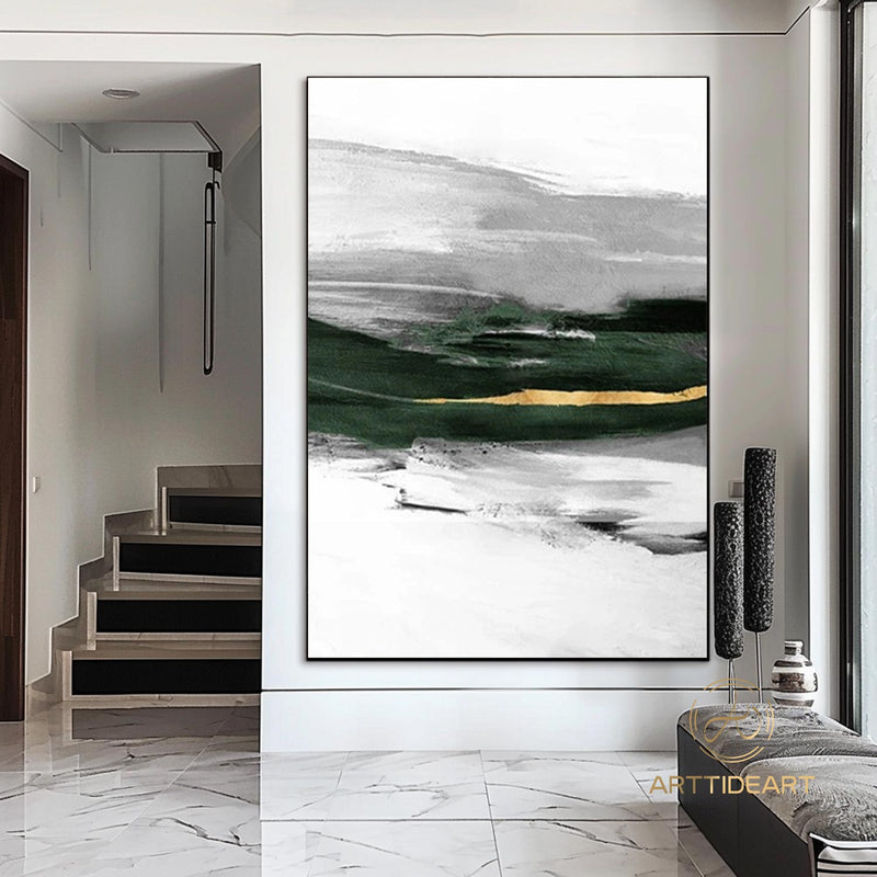 Original Acrylic Abstract Painting Green Gold White Neutral Abstract Canvas Art Gold Leaf Abstract Painting Extra Large Abstract Painting