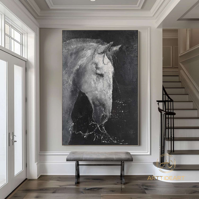 White & Black Horse Oil Painting,Horse Painting Original,Animal oil art,Acrylic Abstract Oil Painting,Wall Decor Living Room,Office Wall Art