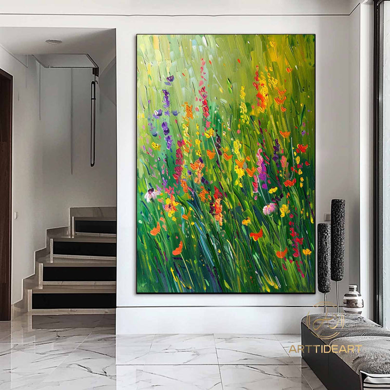 Original Green Flower Oil Textured Painting on Canvas Abstract Floral Wall Art Boho Wall Art Green Floral Painting Living Room Wall Decor