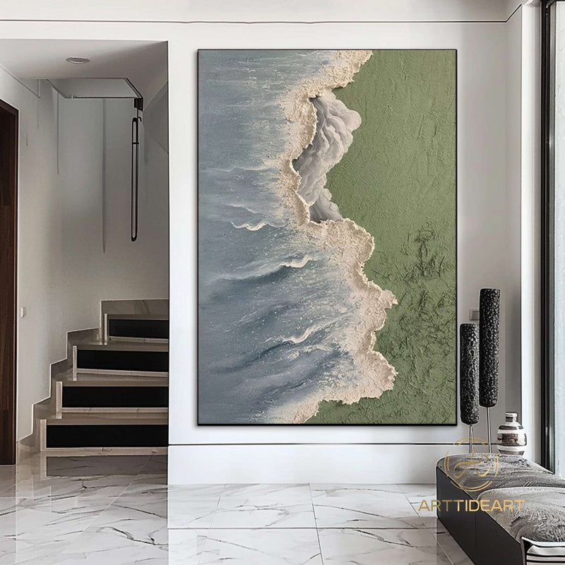 Light Green Sea Waves Beach Textured Painting On Canvas Original Ocean Beach Painting Seascape Wall Art Extra Large Wall Art Decor