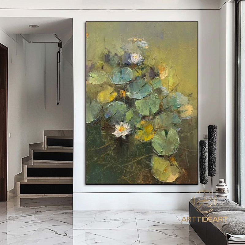 Lotus Flower Paintings On Canvas Large Green oil painting Water Lilies Oil Painting Lotus Oil Painting Wall Decor Gift Texture painting