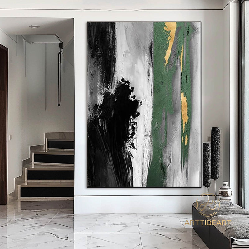 Large Acrylic Abstract Painting Original Green And Gold Canvas Art Gold Leaf Artwork Extra Large Modern Abstract Paintings For Living Room