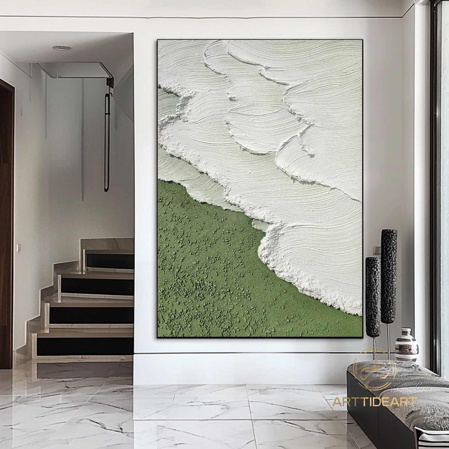 Modern Abstract Wave Paintings Textured Beige Canvas Art Green Beach Wall Art Ocean Wave Art Coastal Seascape Paintings Contemporary Art