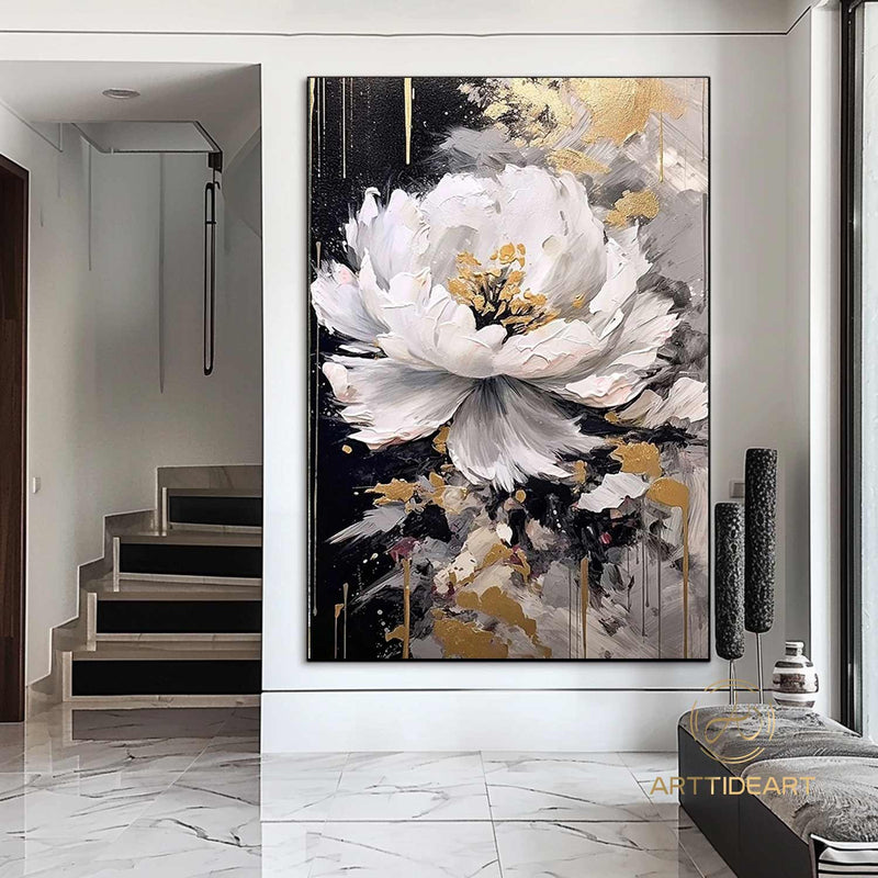 Abstract White Flower Oil Painting on Canvas, Large Wall Art, Original Floral Painting,Minimalist Art,Custom Painting,Living Room Decor Gift