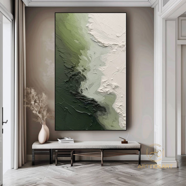 3D Green Minimalist Beach Painting Textured Wall Art Ocean Wave Painting on Canvas Wabi-Sabi Wall Art Living Room Painting Fashion Decor