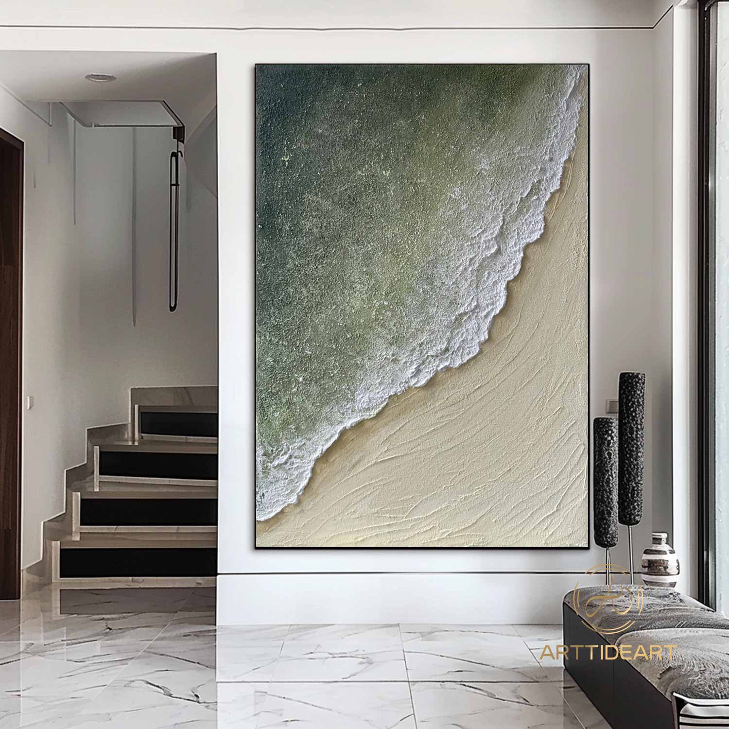 Original Sea Abstract Oil Painting,White Waves Texture Painting,Large Sky And Sea Painting,Large Ocean Canvas Painting,Living Room Art