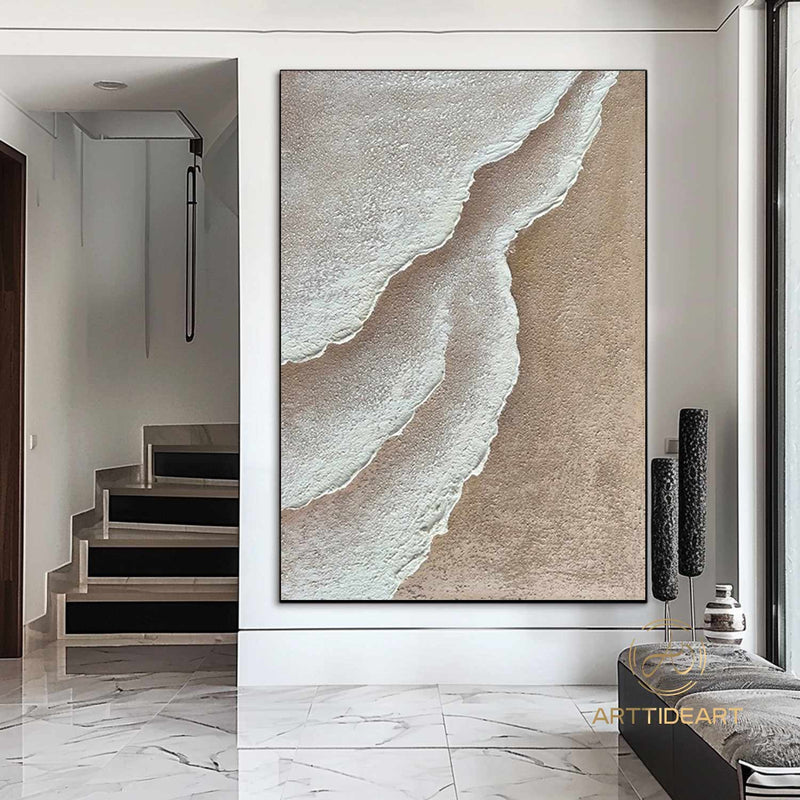 3D Minimalist Ocean Painting on Canvas Textured Wall Art Earth Tone Waves Art Wabi-Sabi Wall Art Living Room Painting Fashion Room Decor