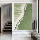 Green 3D Textured Sea Art White Waves Wabi-Sabi Minimalist Canvas Texture Art Beach Painting Mural Ocean Wave Canvas Wabi-Sabi Wall Art