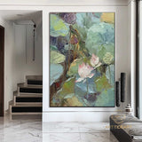 Original Pink Lotus Floral Painting on Canvas Calming Painting Abstract Lotus Zen Art Green Lotus Leaf Art Living Room Wall Art Summer Decor