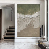 3D Green Minimalist Beach Painting Textured Wall Art Ocean Wave Painting on Canvas Wabi-Sabi Wall Art Living Room Painting Fashion Decor