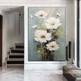 Abstract White Flower Oil Painting on Canvas, Large Wall Art, Original Floral Painting,Minimalist Art,Custom Painting,Living Room Decor Gift