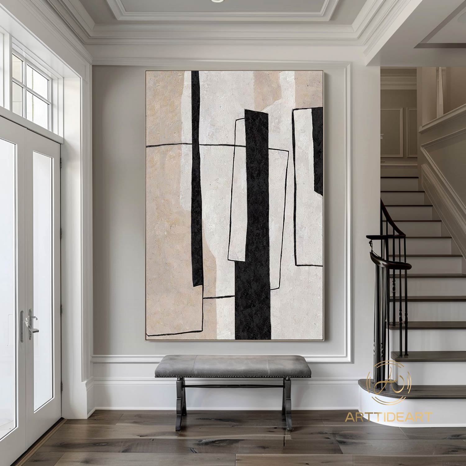 Large Milimalist Abstract Painting,Beige White Minimalist Painting On Canvas,Textured Painting Abstract Art,black and white abstract art