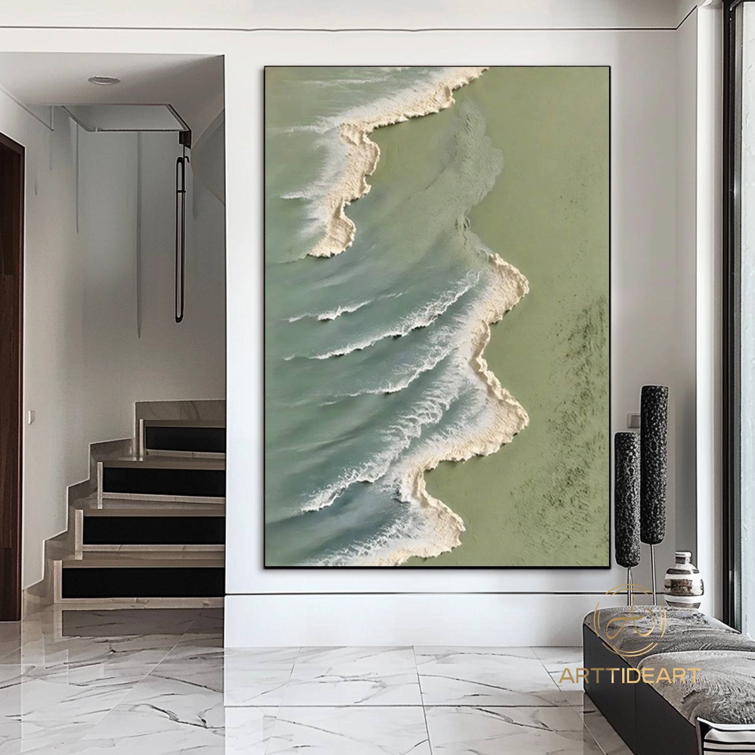 Large 3D Green Textured Ocean Painting,Large Wave Wall Decor,Abstract Sea Wall Art,Coastal Wall Art,Beach Canvas Painting,Green Ocean Art