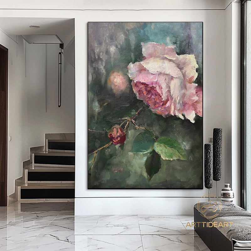 Large Original Rose Flower Oil Painting On Canvas, Abstract Pink Floral Painting, Boho Wall Décor, Custom Painting, Living room Wall Decor