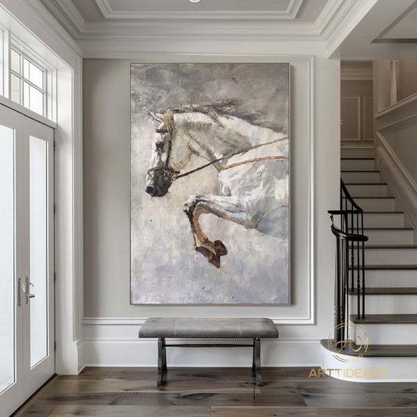 Original Rice White Horse Painting,Horse Portrait Canvas Art,Horse Decor Painting,Horse Wall Art,Large Animal Art,Large Canvas Horse Art