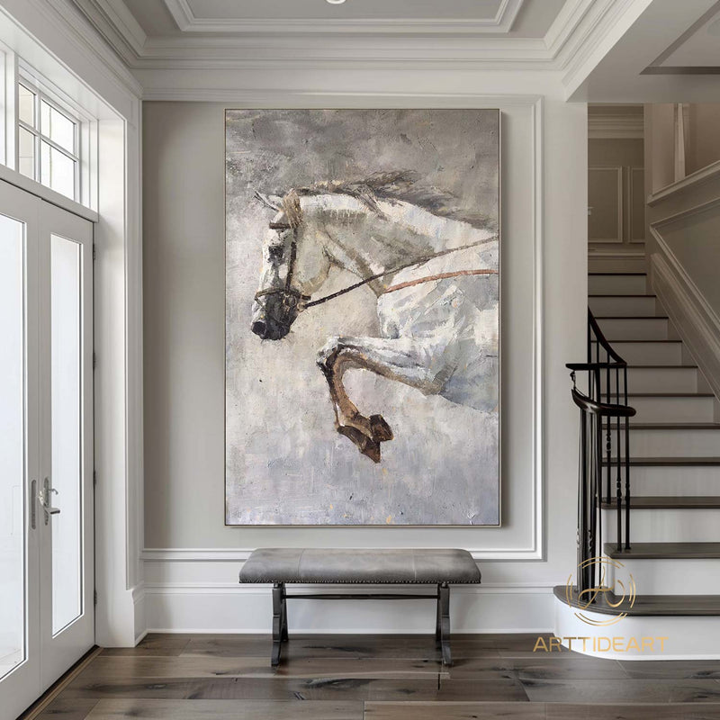 Original Rice White Horse Painting,Horse Portrait Canvas Art,Horse Decor Painting,Horse Wall Art,Large Animal Art,Large Canvas Horse Art