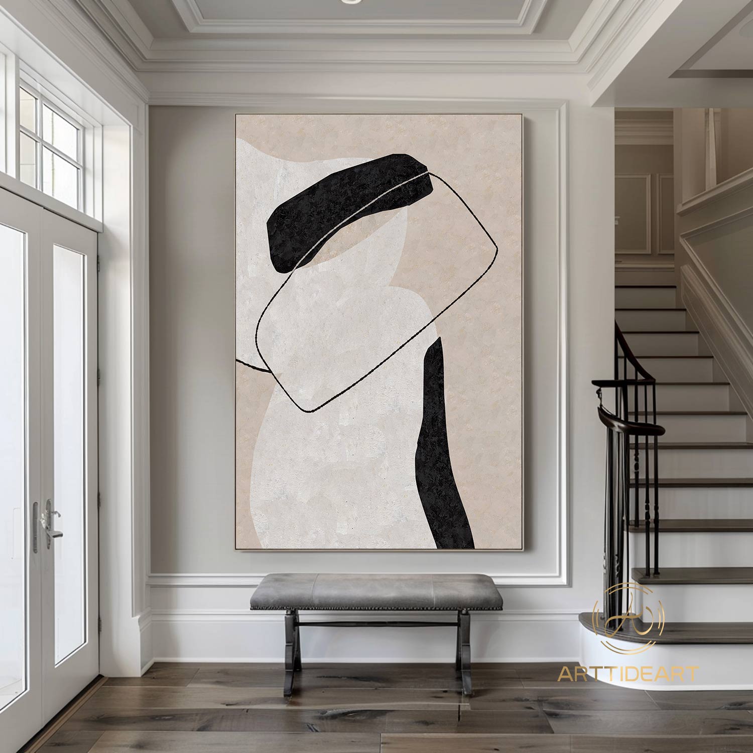 Large Milimalist Abstract Painting,Black White Beige Minimalist Painting On Canvas,Textured Painting Abstract Art, Modern Living Room Decor