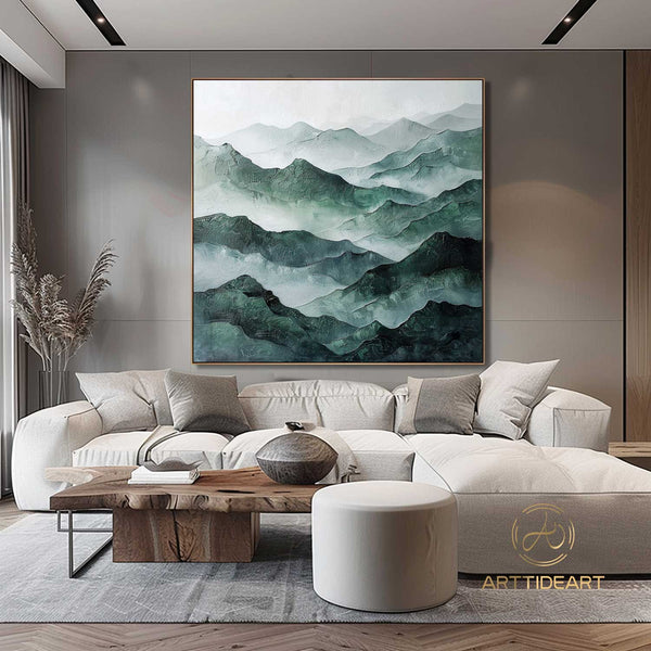 Large Abstract Oil Painting on Canvas Mountain River Landscape Painting Modern Texture Wall Art Original Green Wall Art Custom Gift Painting