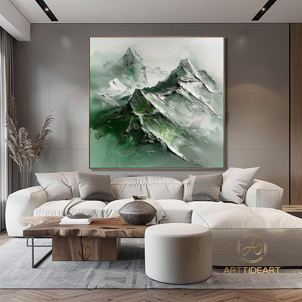 Green Abstract Mountain Painting On Canvas,Wabi Sabi Wall Art,Green And Beige Heavy Texture Mountain Painting,Minimalist Painting,Home Decor