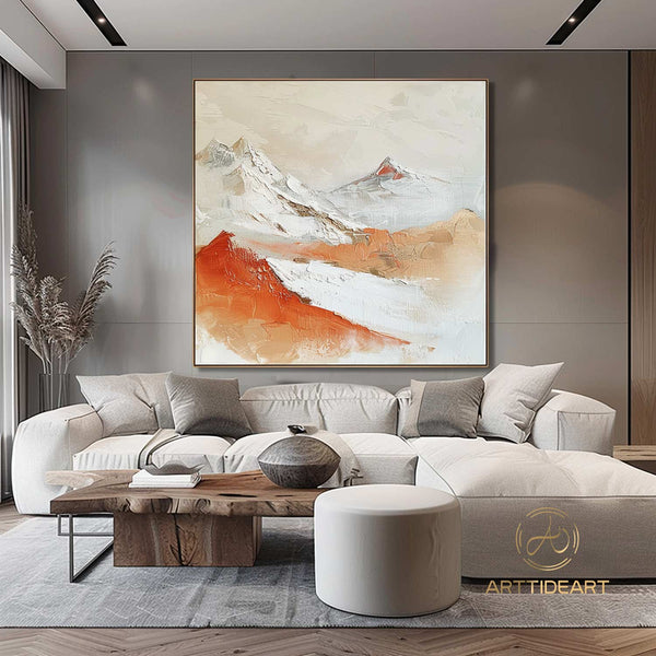 Original 3D Beige Mountain Painting on Canvas Framed Plaster Style Textured Wall Art Orange Wabi-Sabi Living Room Decor Boho Modern Canvas