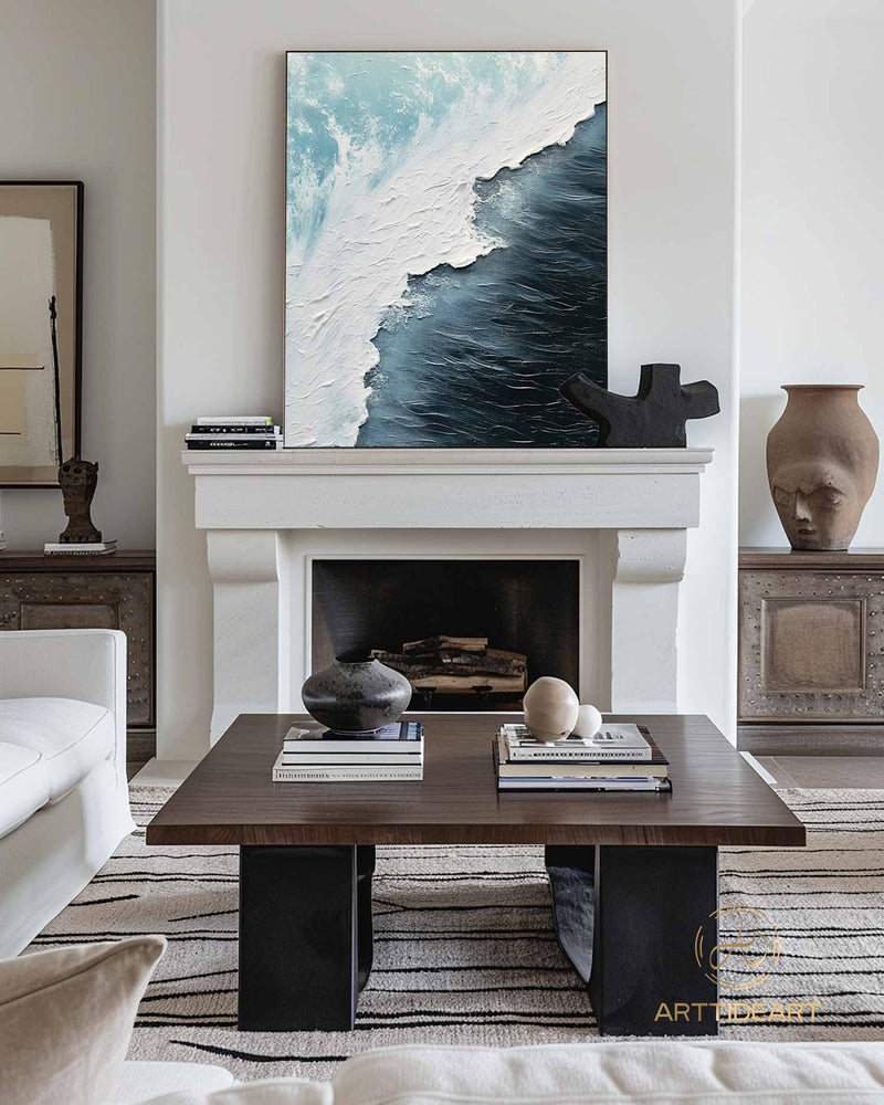 Ocean Waves Abstract Painting on Canvas Blue Abstract Painting 3D Textured Wall Art Abstract Minimalist Paintin Living Room Painting