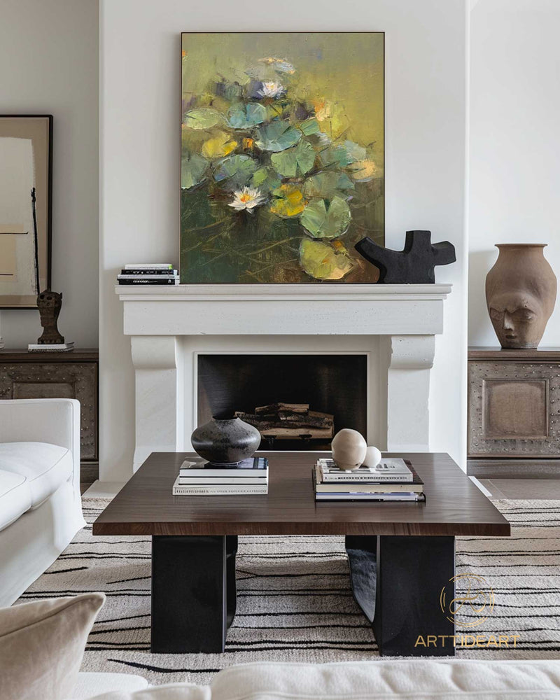 Lotus Flower Paintings On Canvas Large Green oil painting Water Lilies Oil Painting Lotus Oil Painting Wall Decor Gift Texture painting