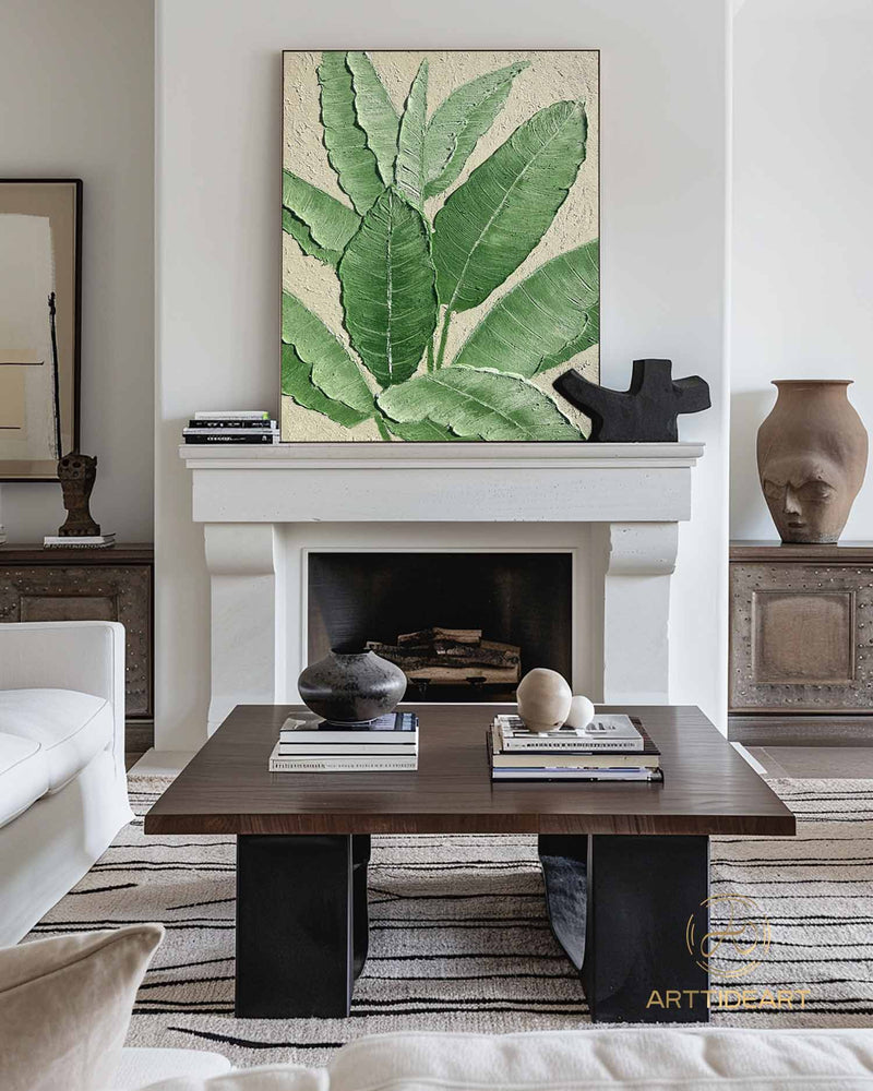 3D Minimalist Wabi Sabi Green Leaves Painting on Canvas Modern Minimalist Textured Wall Art Neutral Home Decor Large Living Room