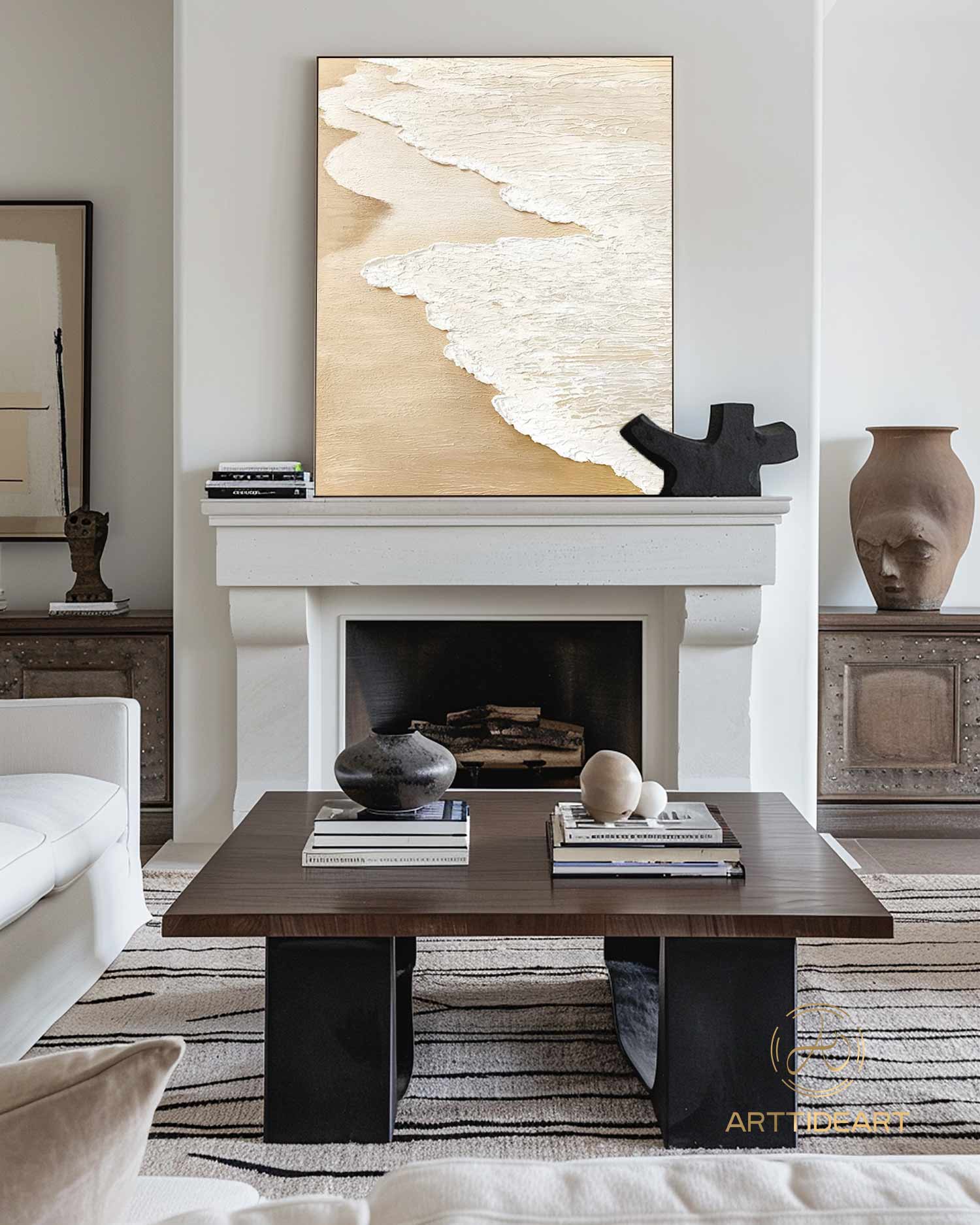 3D Earth Tone Sand Painting, Original Ocean Painting on Canvas, Beach Painting Textured Wall Art Living Room Painting, Wabi-sabi Wall art