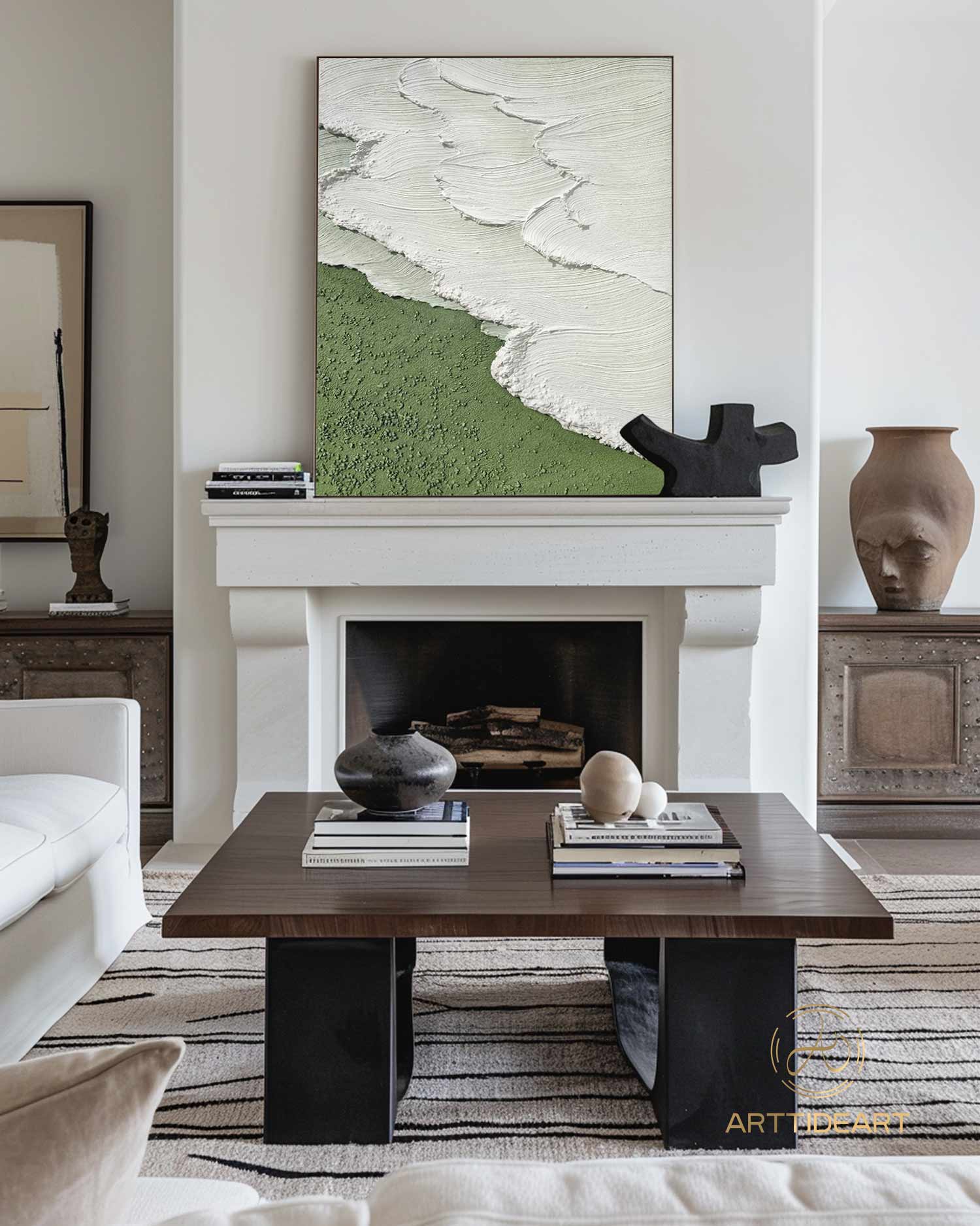 Modern Abstract Wave Paintings Textured Beige Canvas Art Green Beach Wall Art Ocean Wave Art Coastal Seascape Paintings Contemporary Art