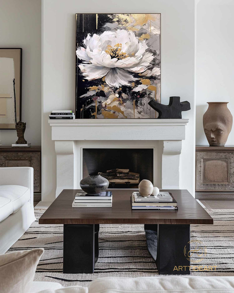 Abstract White Flower Oil Painting on Canvas, Large Wall Art, Original Floral Painting,Minimalist Art,Custom Painting,Living Room Decor Gift