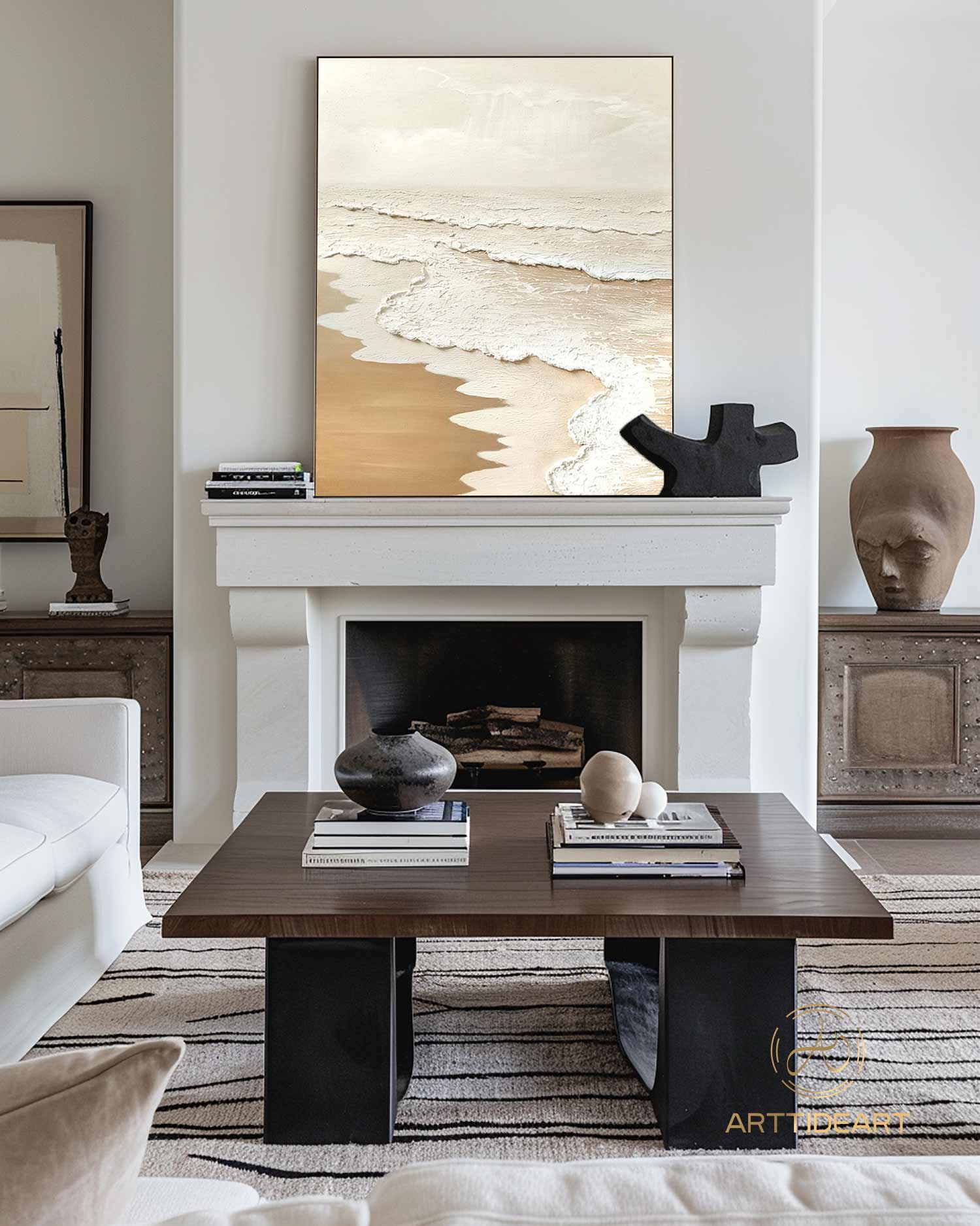 Beach Ocean Waves Abstract Painting Wabi Sabi Wall Art 3D Beige Minimalist Painting Ocean Wave Painting on Canvas Textured Wall Art