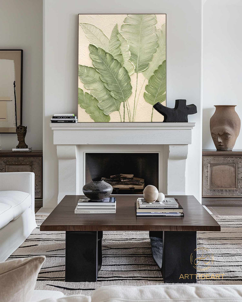 Organic-Style Tree Leaf Painting 3D Textured Art Banana Leaf Botanical Wall Art Abstract Painting Beige Green Original Plants Painting