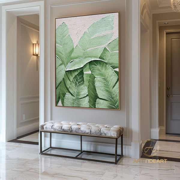 Large Nordic Green Beige abstract wall Green 3D texture painting abstract leaf painting modern living room abstract painting Minimalist Art