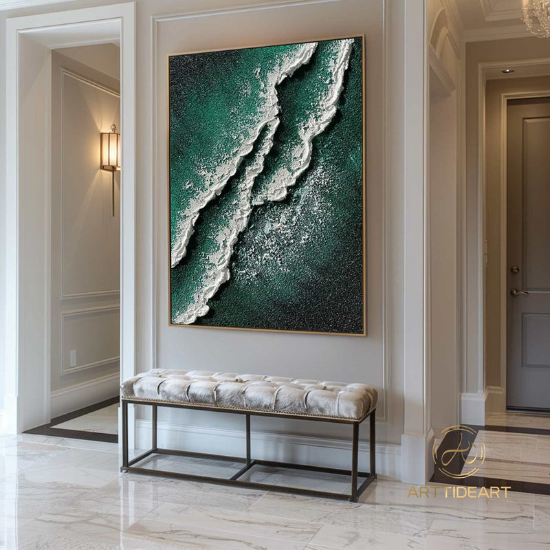 Green Ocean Oil painting Canvas Neutral Tone Wave Art Texture Wall Art Wabi-Sabi Wall Art Fashion Room Living Room Painting Decor