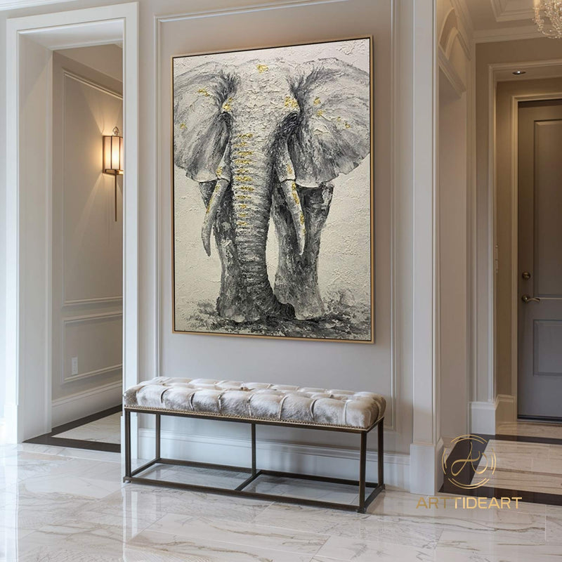 Elephant Original Painting Texture on Canvas, Wabi Sabi Framed Wall Art, POP Art Livingroom Bedroom Decor, Animal Elephant Art Gift For Her