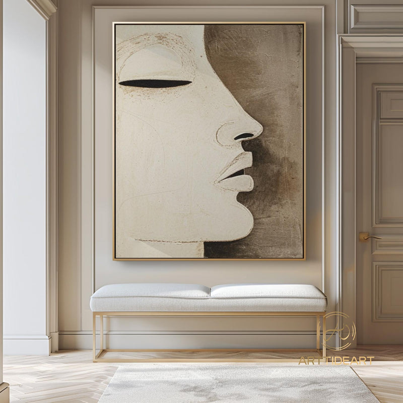 Large Faceless Portrait Painting Abstract Figure Wall Art Beige Brown Texture Painting on Canvas Woman Face Artwork Modern Texture Wall Art