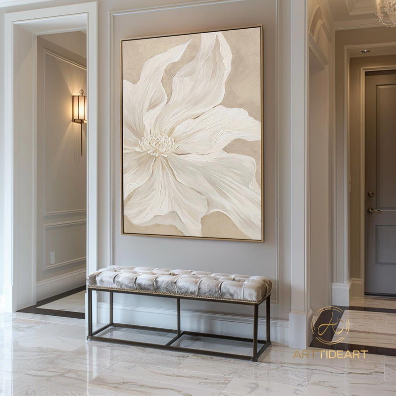 Original White Flower Oil Painting on Canvas,Large Wall Art,Abstract Floral Painting,Minimalist Art,Custom Painting,Living Room Decor Gift