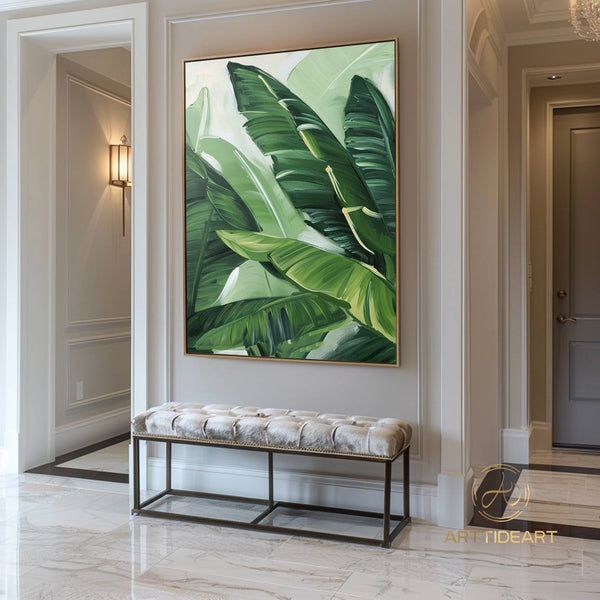 Modern Banana Leaf Canvas Oil Painting, 100% hand-painted custom artwork, landscape botanical paintings, living room wall decor fashionable