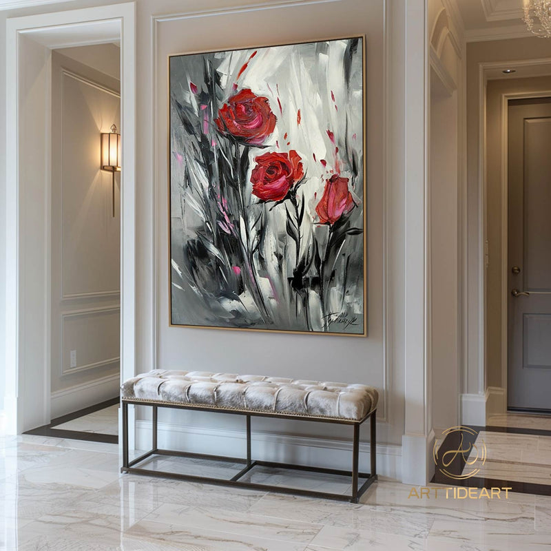 Original Roses Oil Painting On Canvas, Abstract Flowers Painting, Large Wall Art, Red Roses Decor, Custom Painting,Living room Wall Decor