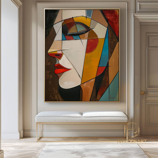 Colorful Woman Face Painting Large Figure Wall Art Female Portrait Textured Painting on Canvas Palette Knife Texture Art Modern Wall Decor