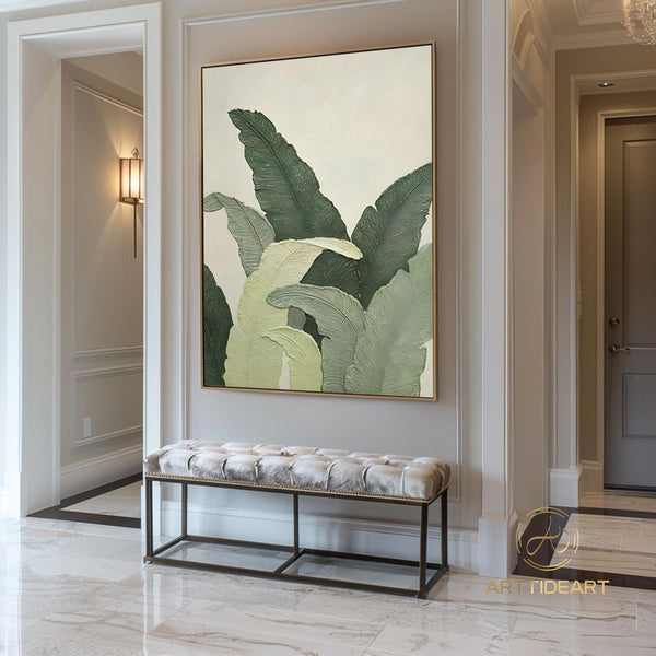 Large green leaves wall art, floater frame botanical artwork, banana leaf canvas print, Original Abstract Banana Leaves Wall Art Painting, living room artwork