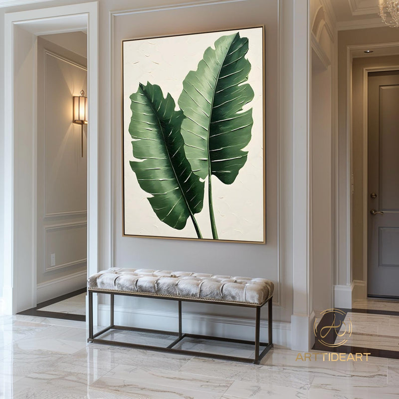 Large 3D Green abstract leaf painting,texture painting art, Original Green Banana Leave Oil Painting,Plant Art ，Modern Living Room Decor