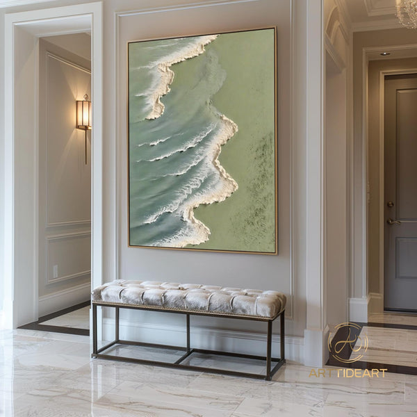 Large 3D Green Textured Ocean Painting,Large Wave Wall Decor,Abstract Sea Wall Art,Coastal Wall Art,Beach Canvas Painting,Green Ocean Art