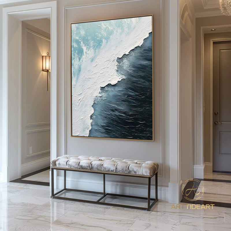 Ocean Waves Abstract Painting on Canvas Blue Abstract Painting 3D Textured Wall Art Abstract Minimalist Paintin Living Room Painting