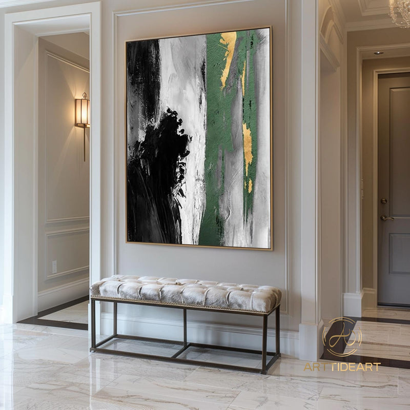 Large Acrylic Abstract Painting Original Green And Gold Canvas Art Gold Leaf Artwork Extra Large Modern Abstract Paintings For Living Room