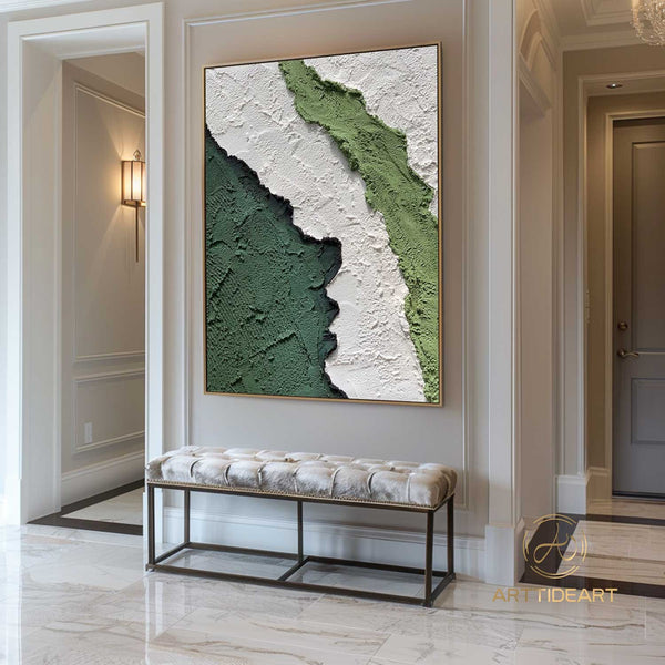 Green White Plaster Texture Painting 3D Textured Canvas Art Green Minimalist Art Green Canvas Wall Art White Wall Art Green Wall Decor